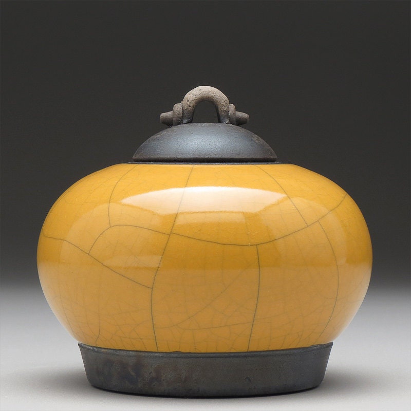 Ceramic jar with lid,Raku jar, yellow gold, handmade, home decor, art pottery