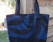 Canvas tote bag purse made from Marimekko Joonas black and blue, zippered pocket, padded handle, magnetic snap, US ship only