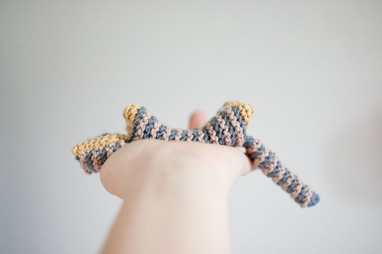 Custom Knitted Cat Baby Toy for Baby Boys and Baby Girls Grey Mustard White Cotton Newborn Baby Shower Toddler Kid- OOAK - Cuddly Cat