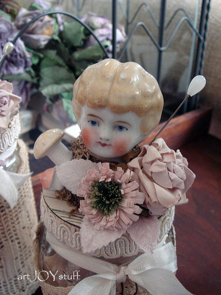 Lovely Altered Jar topped with genuine antique frozen Charlotte head - filled with vintage supplies- perfect for the altered artist - NO 475
