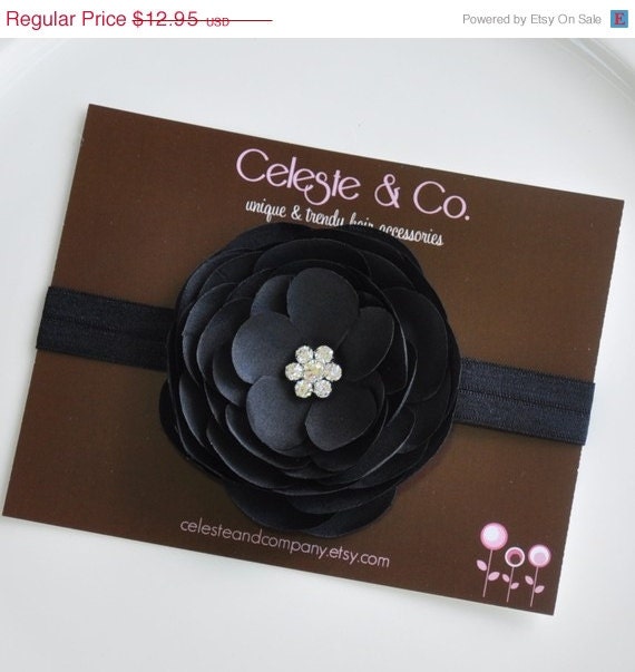 MEMORIAL DAY SALE Baby Headband - Infant Headband - Newborn Headband - Black Flower on Black Stretch Headband - Photography Prop