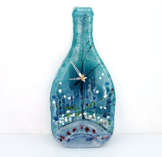 Fused glass landscape  Wall clock ,  Glass Melted recycled Wine Bottle