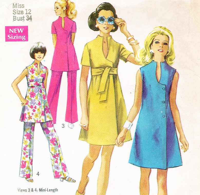 Vintage 1960s Mod WRAP DRESS, TUNIC and Pants Pattern - 34 Bust - Size 12 - Simplicity 8278