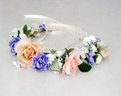 Silk flower Bridal headpiece -Rosie- Flower crown, purple peach lavender artificial rose headband hair flowers head wreath floral circlet