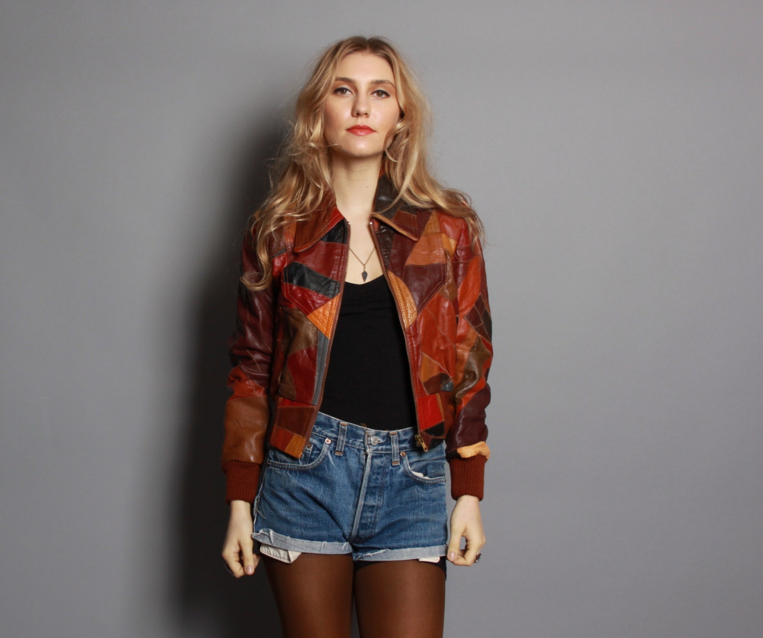 70s Patchwork LEATHER JACKET / Tiny Fit Classic Bomber, xs