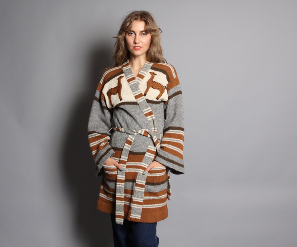 1970s CARDIGAN SWEATER / Belted Bell Sleeve Cardi Jacket with Llamas