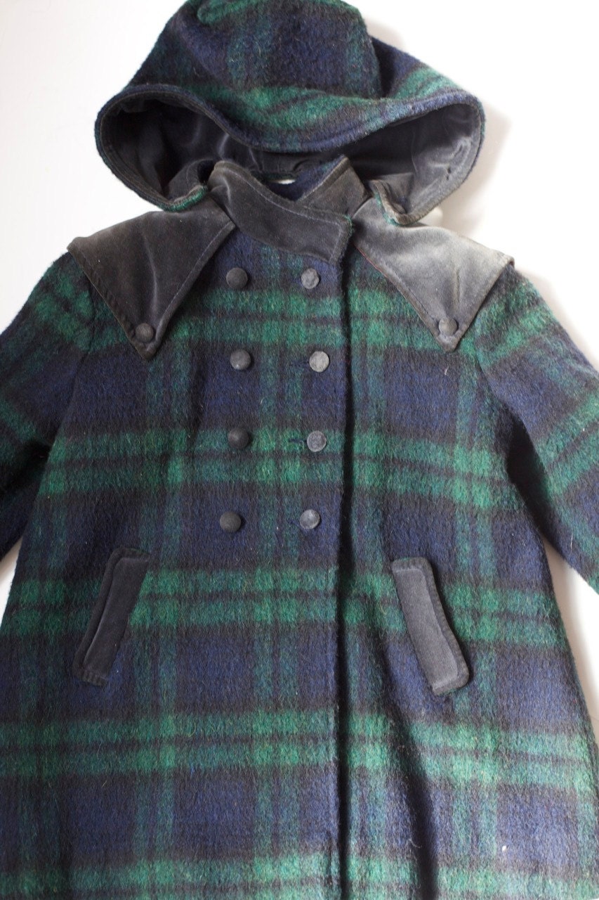Vintage Girls Coat, Rotshschild Plaid Toddler Overcoat  Wool,   size 4
