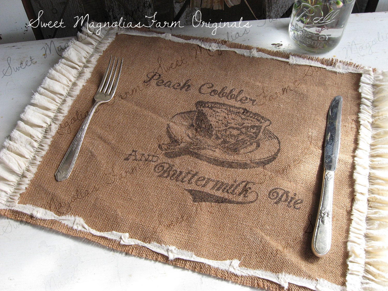 Burlap Table Placemats - "Peach Cobbler and Buttermilk Pie" Kitchen  Farmhouse Style Country Shabby Cottage Chic Ruffle Southern Saying
