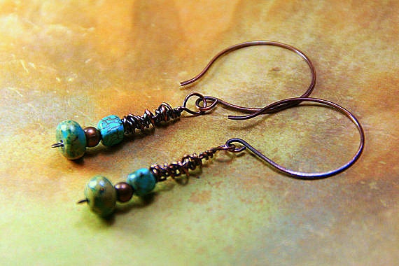 Dainty Turquoise Agate and Copper Wrapped Dangles