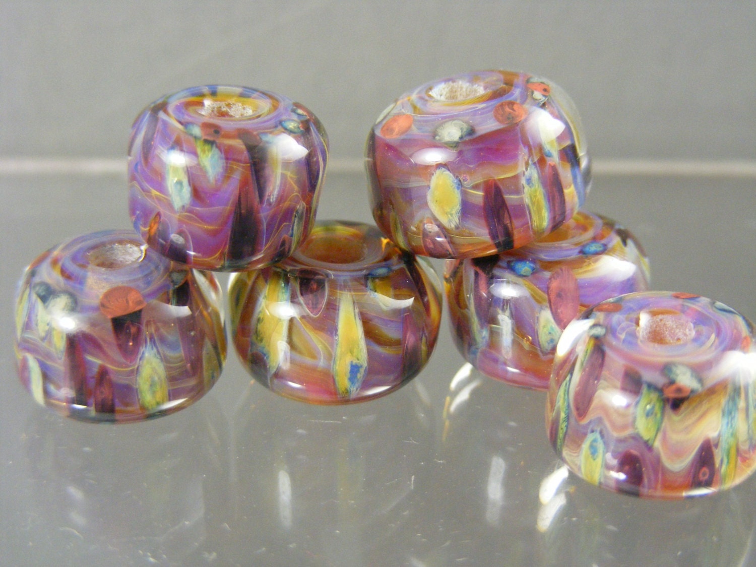 Boro beads Lampwork Glass Bead Set  --  Big Rolos(6) ---  Pyramid