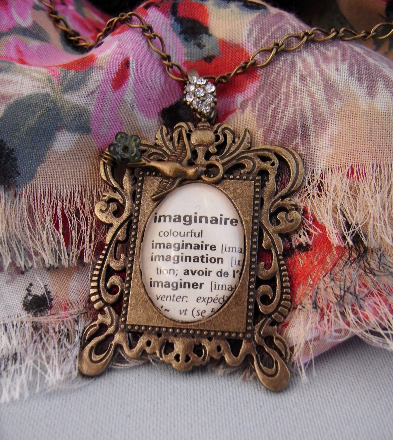 french dictionary pendant, upcycled paper, ornate framed pendant, imagination, Imaginaire