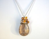Brown briolette necklace beaded coiled wire wrapped on silver chain gemstone necklace
