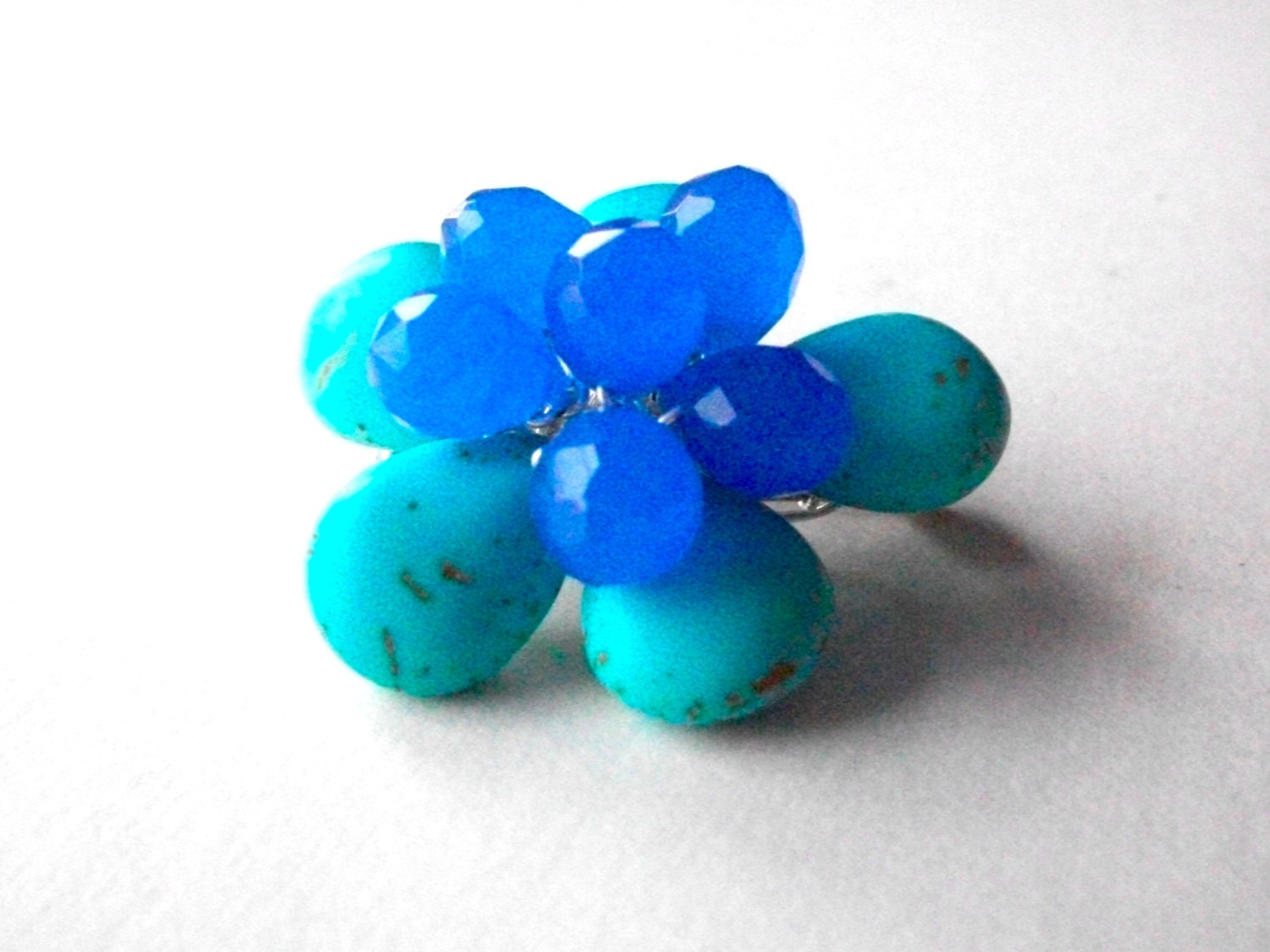 Blue flower pin, turquoise gemstone flower brooch wire wrapped with periwinkle blue briolette center, bead flower jewelry