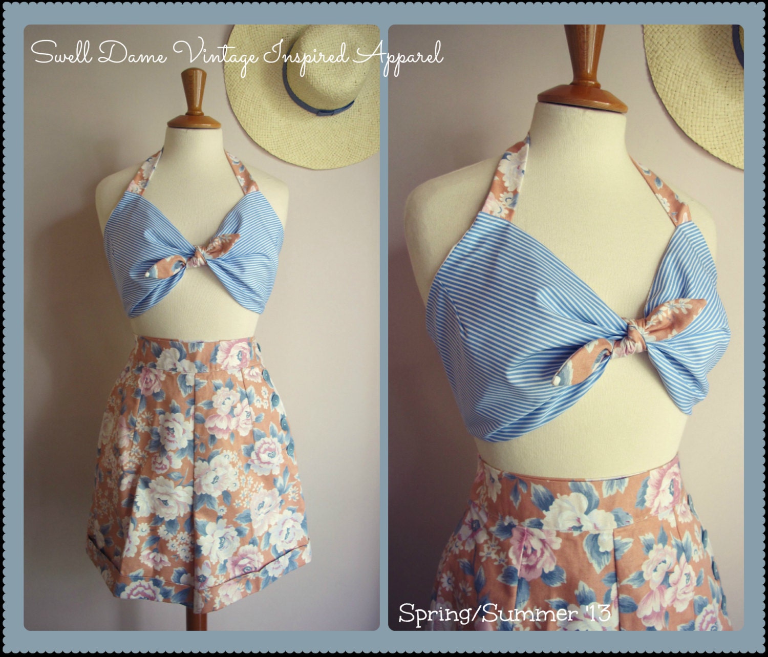 Swell Dame 40s 50s women floral romantic 2 piece set  high waisted shorts with side buttons and striped beach top/ Made to measure