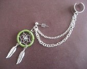 Lime Dream Catcher Ear Cuff Chain Cartilage Earring- Green Feather Dreamcatcher Charm Stud Earcuff Piercing