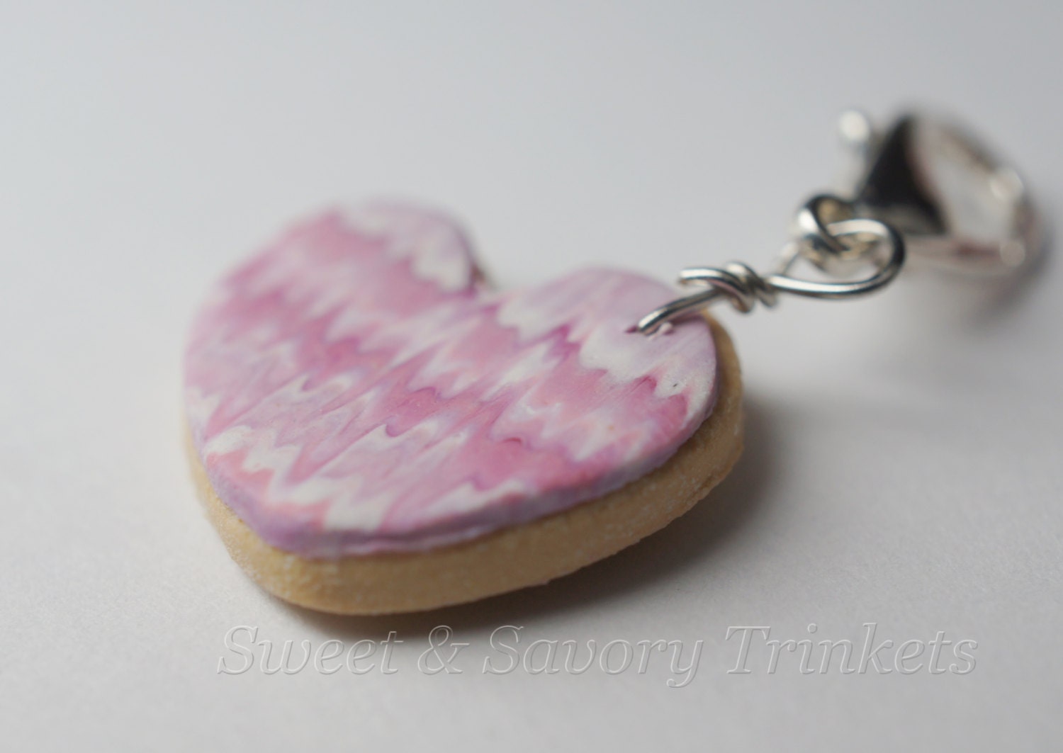 Valentines Day Pink Heart Cookie Charm, Miniature Food Jewelry, Polymer Clay Food Charm, Valentines Day Charm