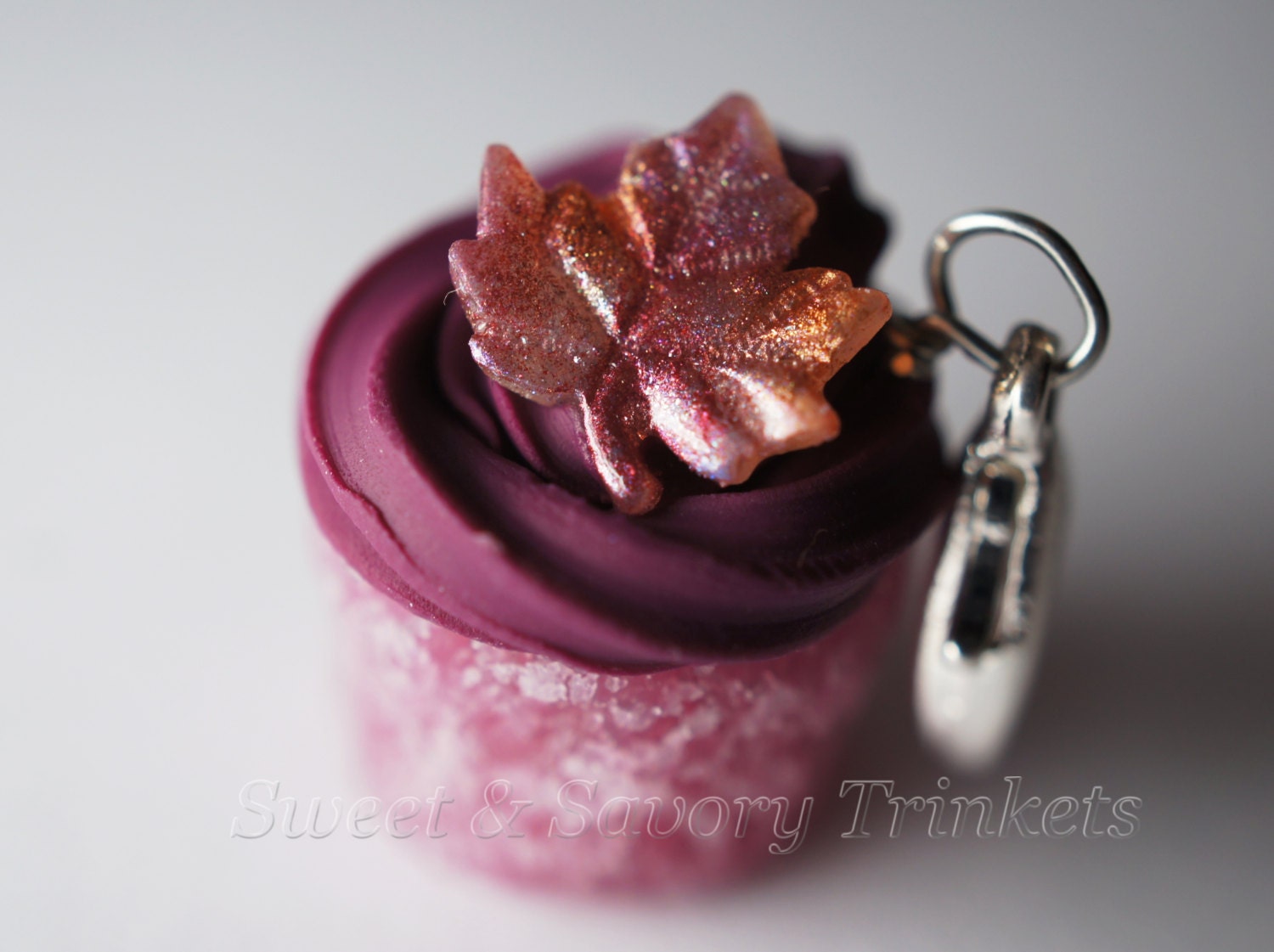 Fall Leaf Raspbery Cupcake Charm, Miniature Food Jewelry Pendant, Polymer Clay Food Charm