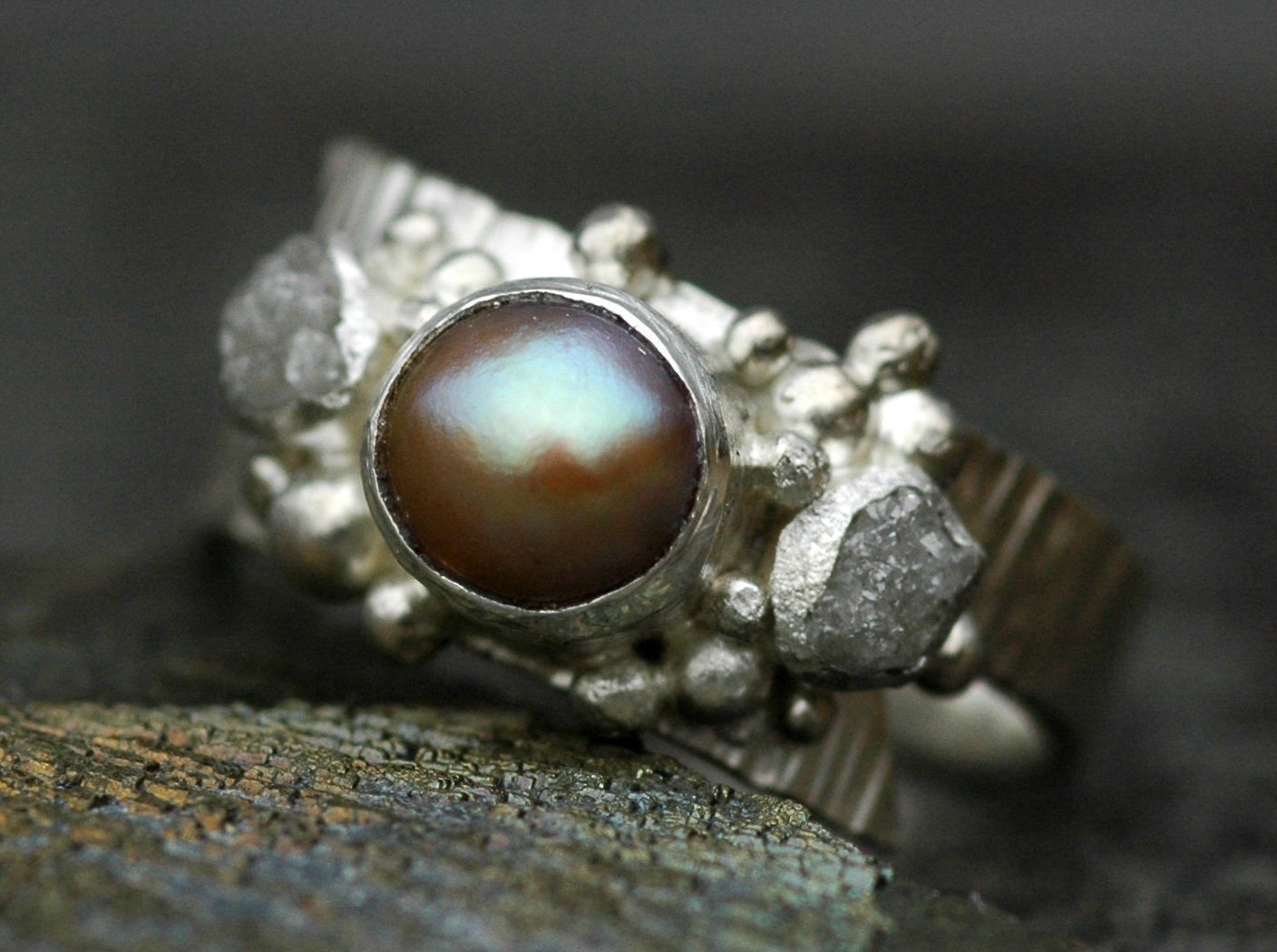 Raw Diamonds and Copper Pearl in Textured Sterling Silver Ring- Custom Made