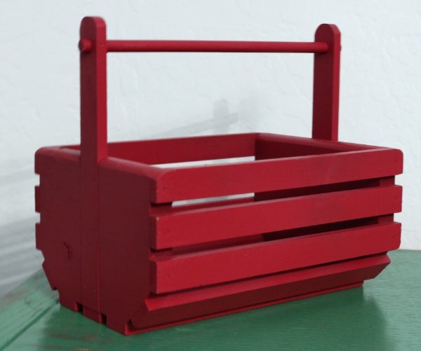 Vintage Red Handmade Wooden Basket Caddy with Handle Top