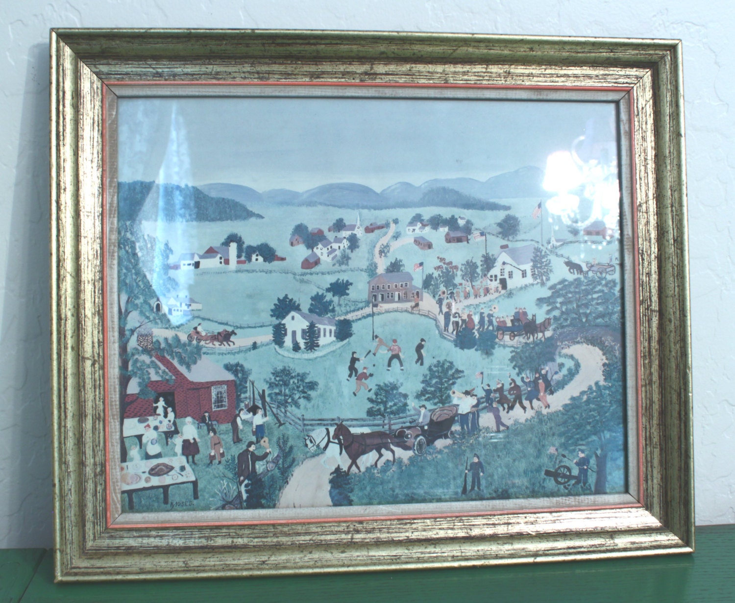 18x15 Grandma Moses July Fourth Print Professionally Framed 1948