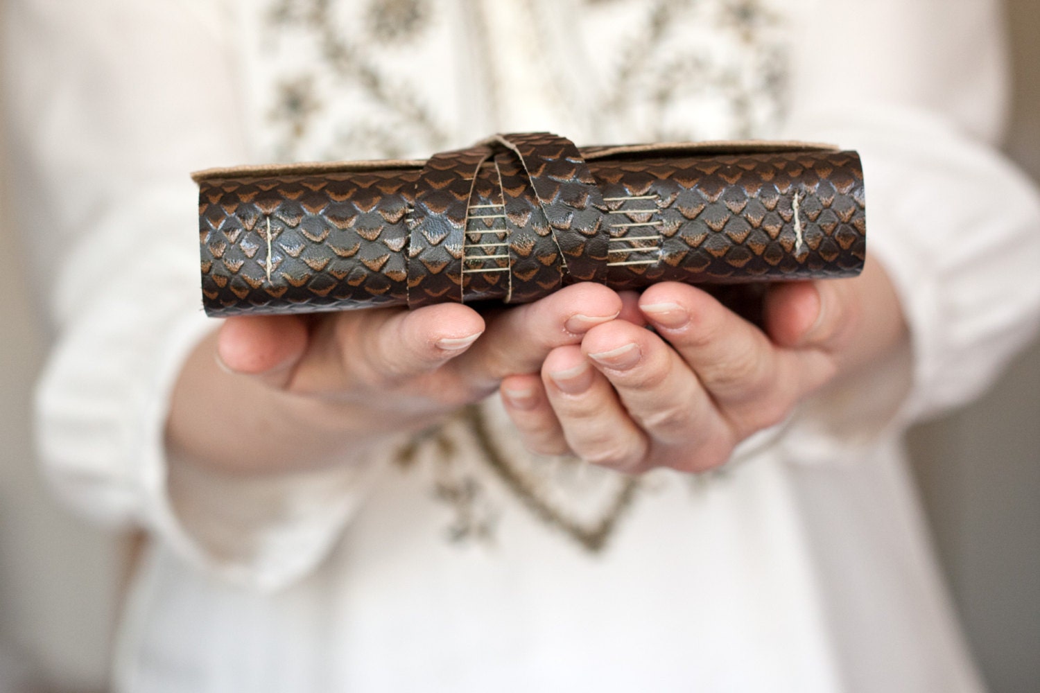 Leather Journal - Brown Embossed Snake Skin - Dark - Handbound Leather Book - 6 x 4