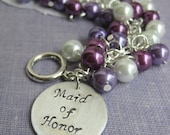 30% SALE Maid of Honor gift handstamped charm purple white eggplant cluster glass pearl bracelet. Other colours available.