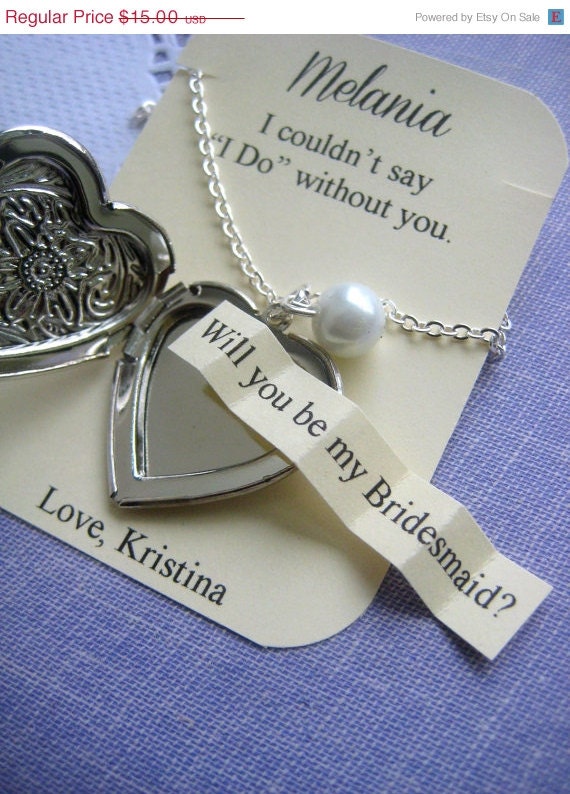 30% SALE Ask Bridesmaids, heart locket necklace, choose pearl color, secret message inside, FREE personalized notecard, jewelry box.