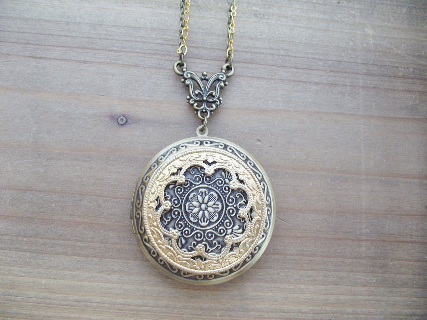 Morocco - Vintage Brass Filigree and Antique Brass Locket Necklace