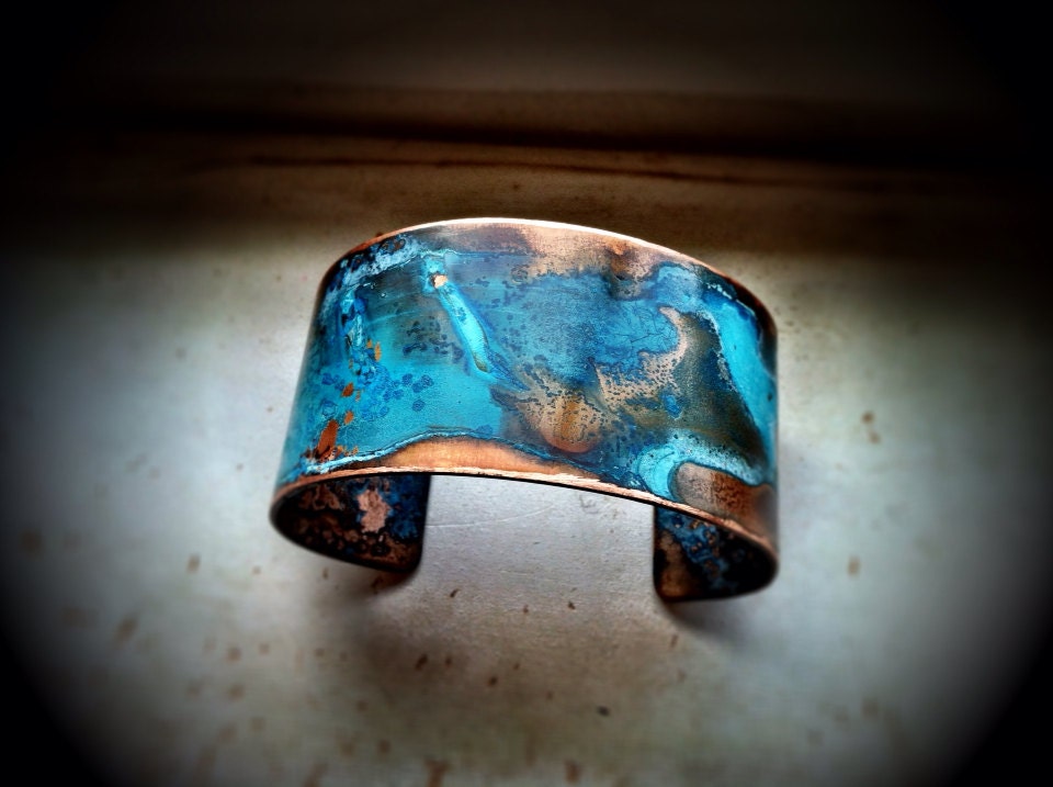 Blue Patina Copper Cuff Skinny - Small
