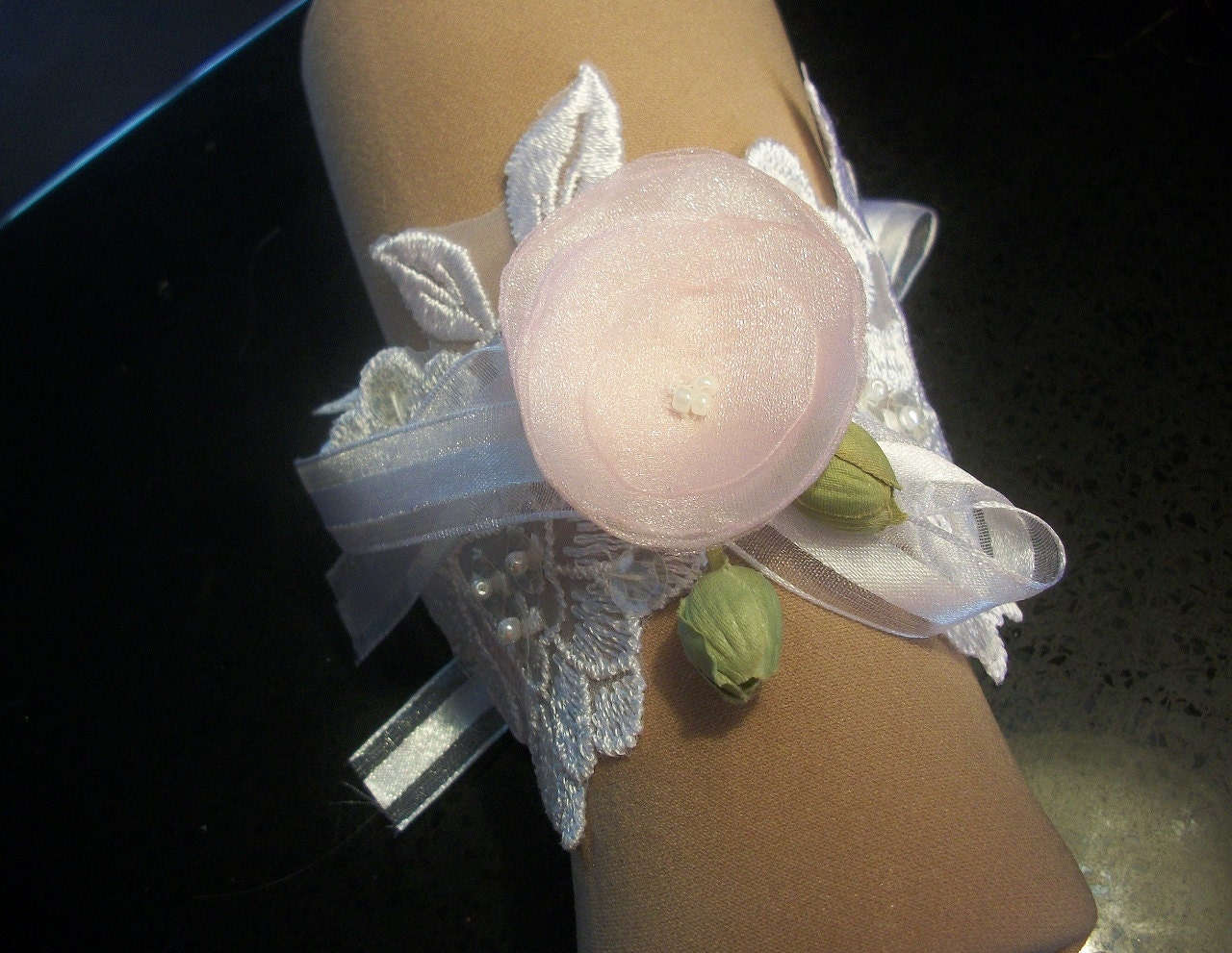 Bridal cuff pink chiffon rose with lace band tie
