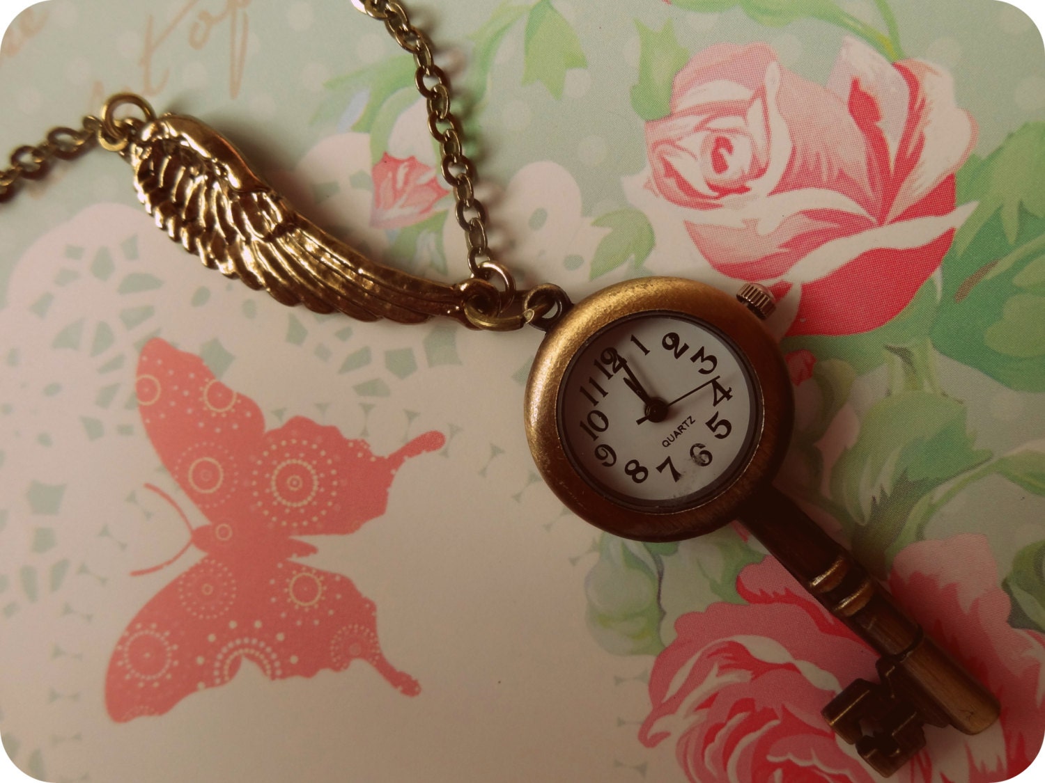 Antiqued Key Watch with Wing Necklace - Time Flies