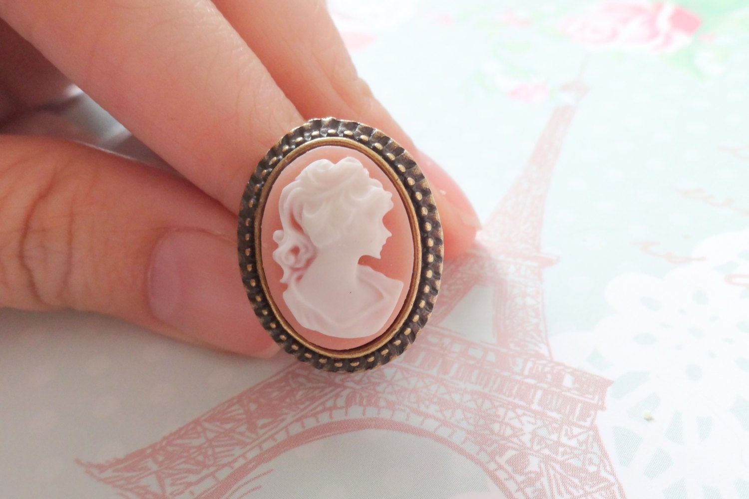 Lady Cameo Ring. Pretty in Pink. White on Pink Cameo on Bronze Adjustable Ring. Bridesmaids Gifts, Wedding Favors, Vintage Style Accessory.