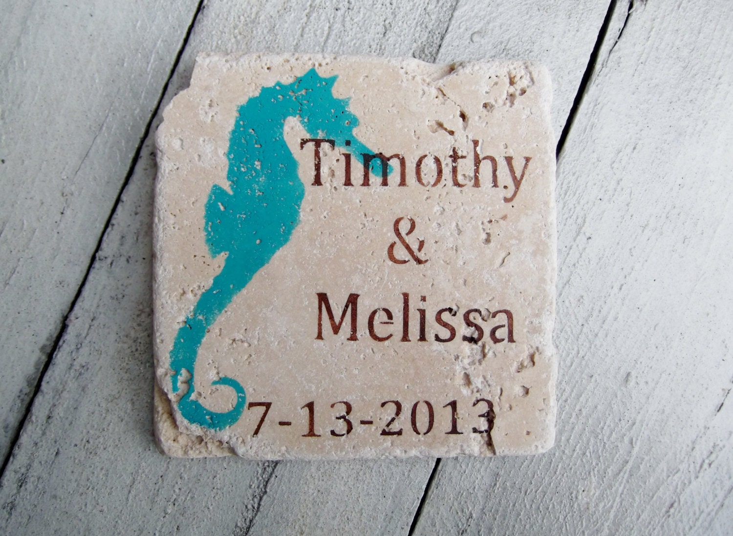 Customized BEACH WEDDING FAVORS, Save the Date - Seahorse w bride & groom name, wedding date - Travertine Tumbled Stone Coasters - Set of 25