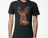 Brush Rabbit tshirt - eco friendly metallic copper screenprint on black cotton crew neck - adult Mens Unisex sizes XS, S, M, L, XL