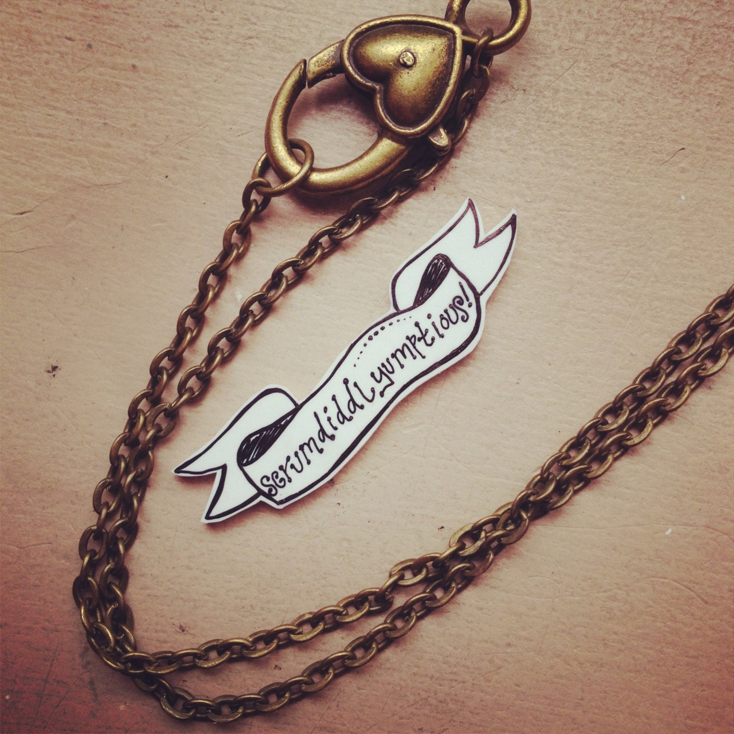 Wonka Chocolate Factory Roald Dahl 'Scrumdiddlyumptious' necklace bracelet pin badge