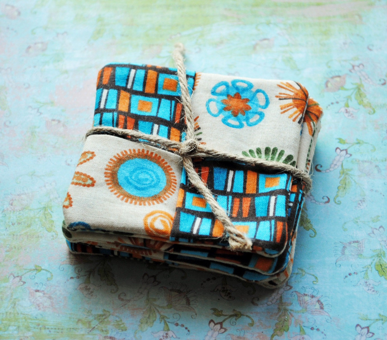 Set of 4 Quilted Origami Fabric Coasters - Mod Floral - Ready to Ship