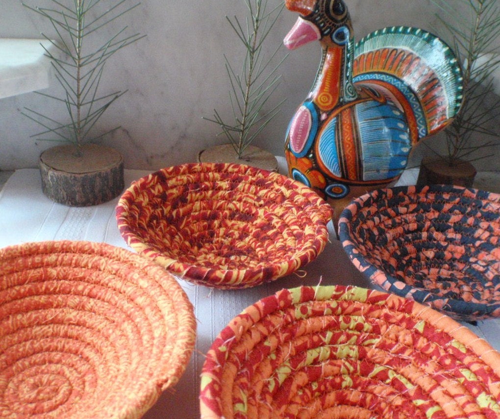 Fire Collection - Set of 4 Orange Coiled Bowls - Batik, Colorful, Instant Collection, Trinket Bowls