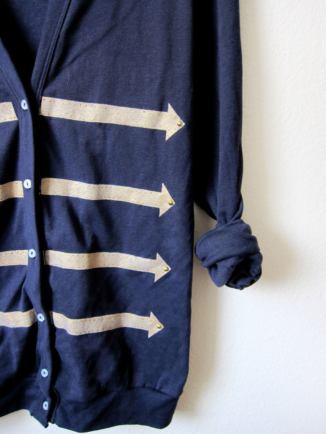 Slim Fit Long Military HAND STENCILED Slouchy Button Arrow Deep V Boyfriend Cardigan Jacket Navy and Gold - S M L XL