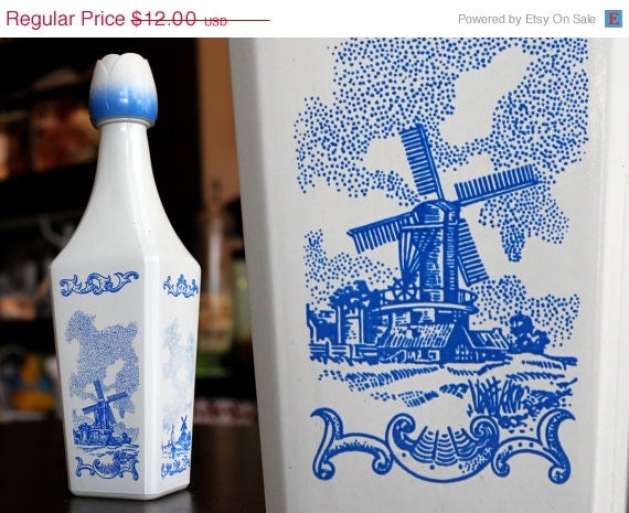 Summer Sale Vintage Milk Glass Delft Bottle Decanter 70s