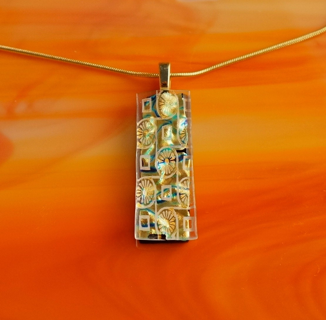 Handmade Dichroic Fused Glass Gold Pendant Necklace ...with chain...