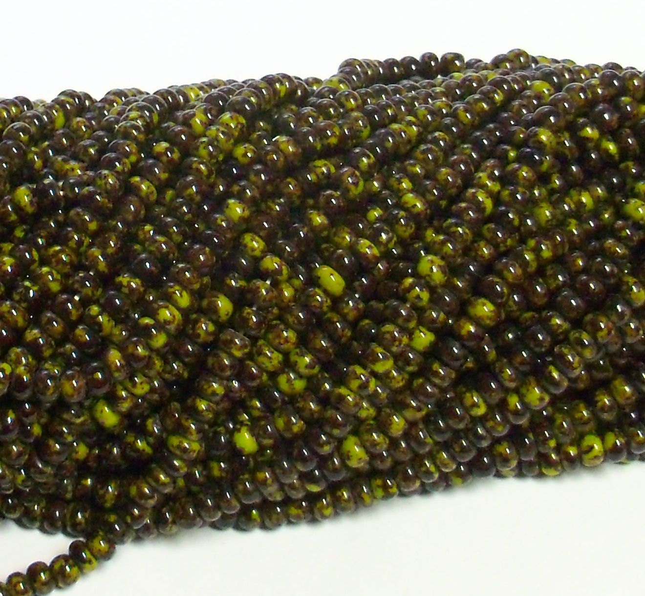 6/0 Czech Glass Seed Beads - Opaque Olive Picasso - 12-inch Strand