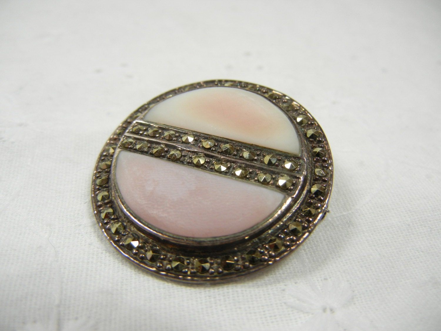 Abalone Brooch, Circle pin with mother of pearl and marcasite, costume jewelry, sterling silver, Vacation SALE