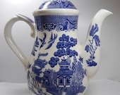 Coffee Pot, Blue Willow by Churchill of England, large Pitcher, Japan scene, blue and white, use as Vase, Vacation SALE