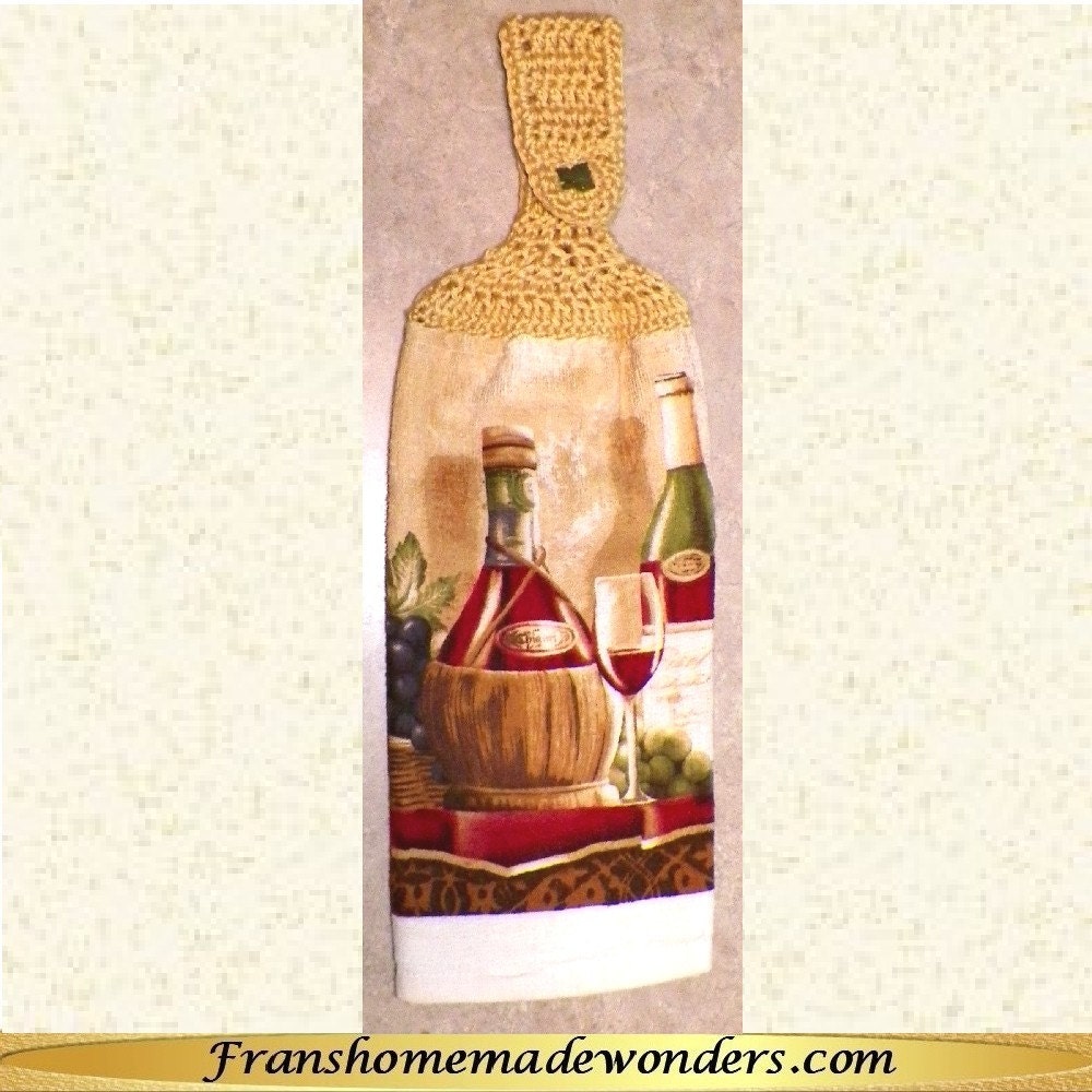 Hand Crocheted Top Double Layer Cotton Hanging Kitchen Towels - Wine Bottles