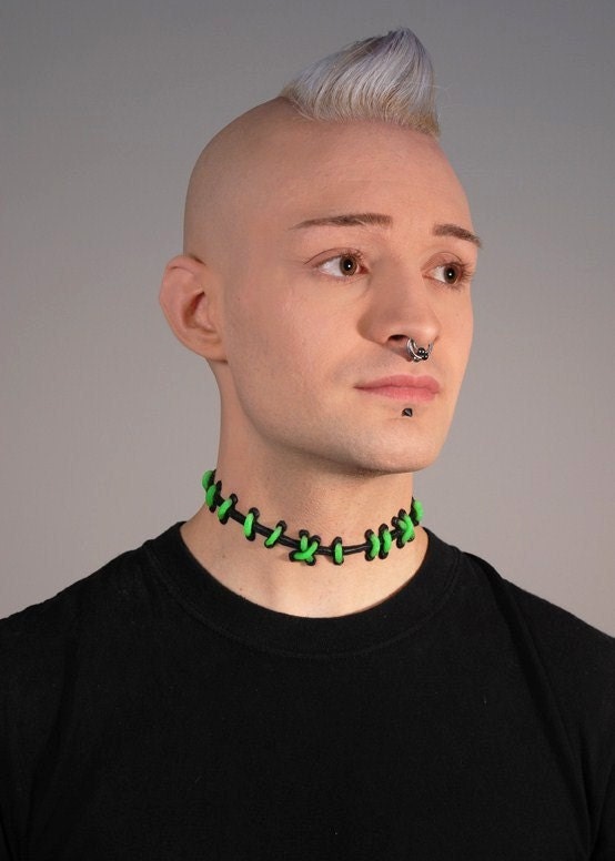Frankenstein Stitch jewelry  -green stitches on black-medium