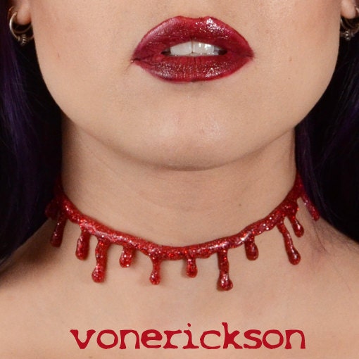 Bloody  Drip Red and Silver  Glam Glitter Necklace - Vampire choker  necklace - Bright  Red Blood