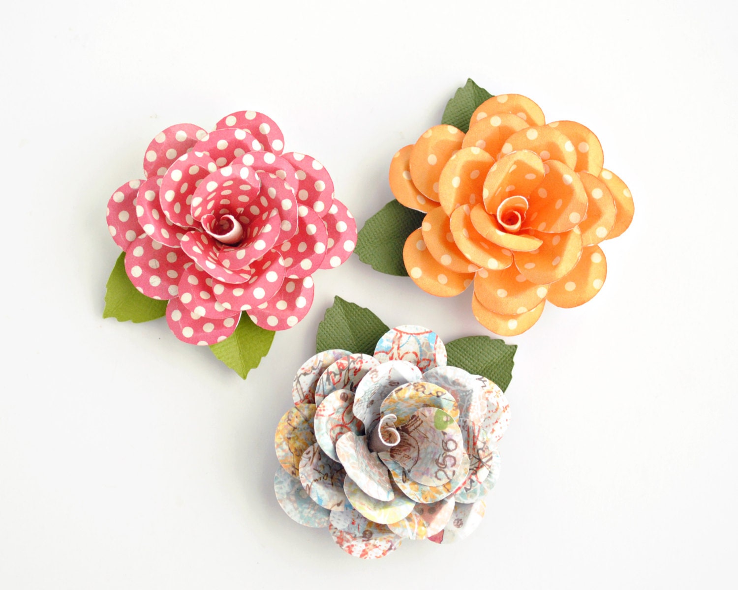 Nostalgic Handmade PAPER ROSE with Leaves - QTY 3