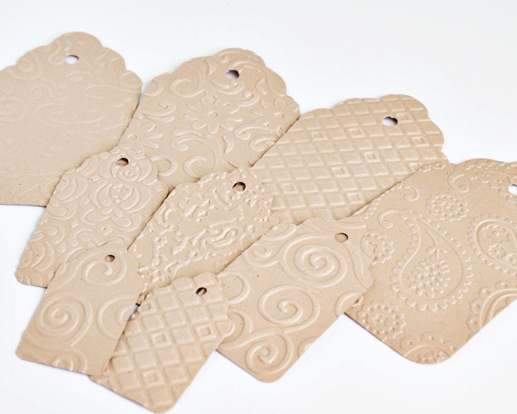 9 Kraft Brown Embossed Tags - Ready to Embellish