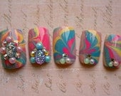 Japanese Nail Art- Bejeweled Pastel Swirl -False Nails