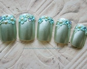 Japanese Nail Art- Blue Floral French Artificial Nails